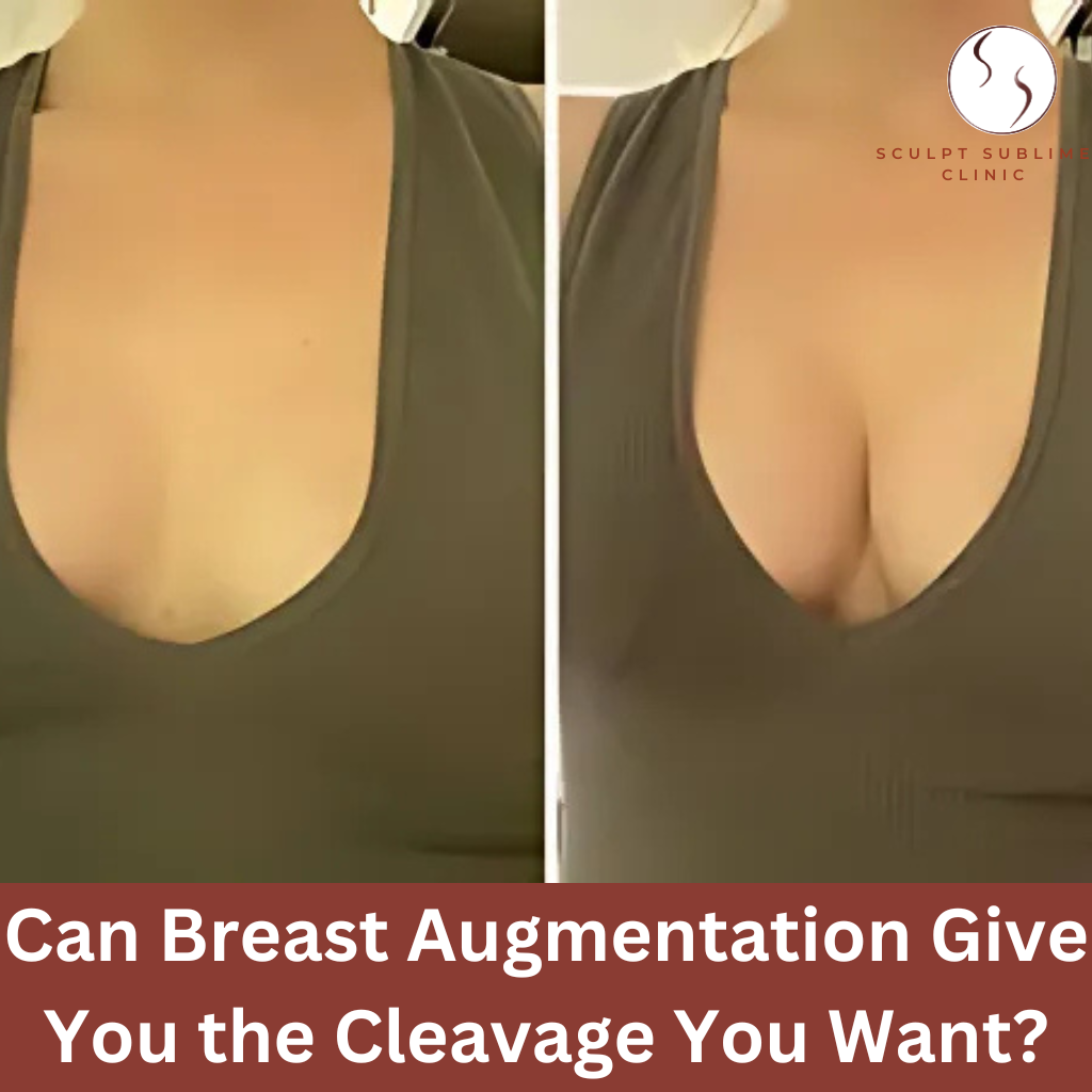 Before and after breast augmentation showing improved cleavage