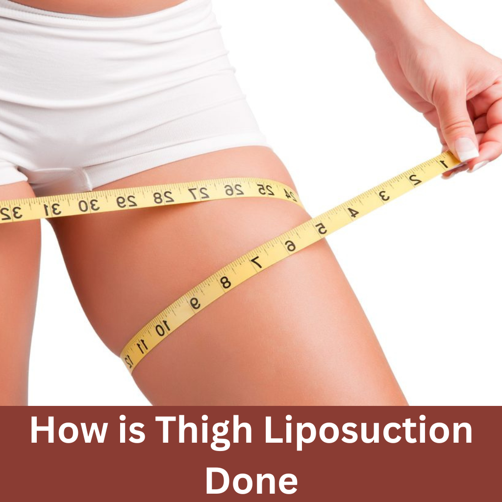 Measuring thigh circumference with a tape, representing thigh liposuction results.